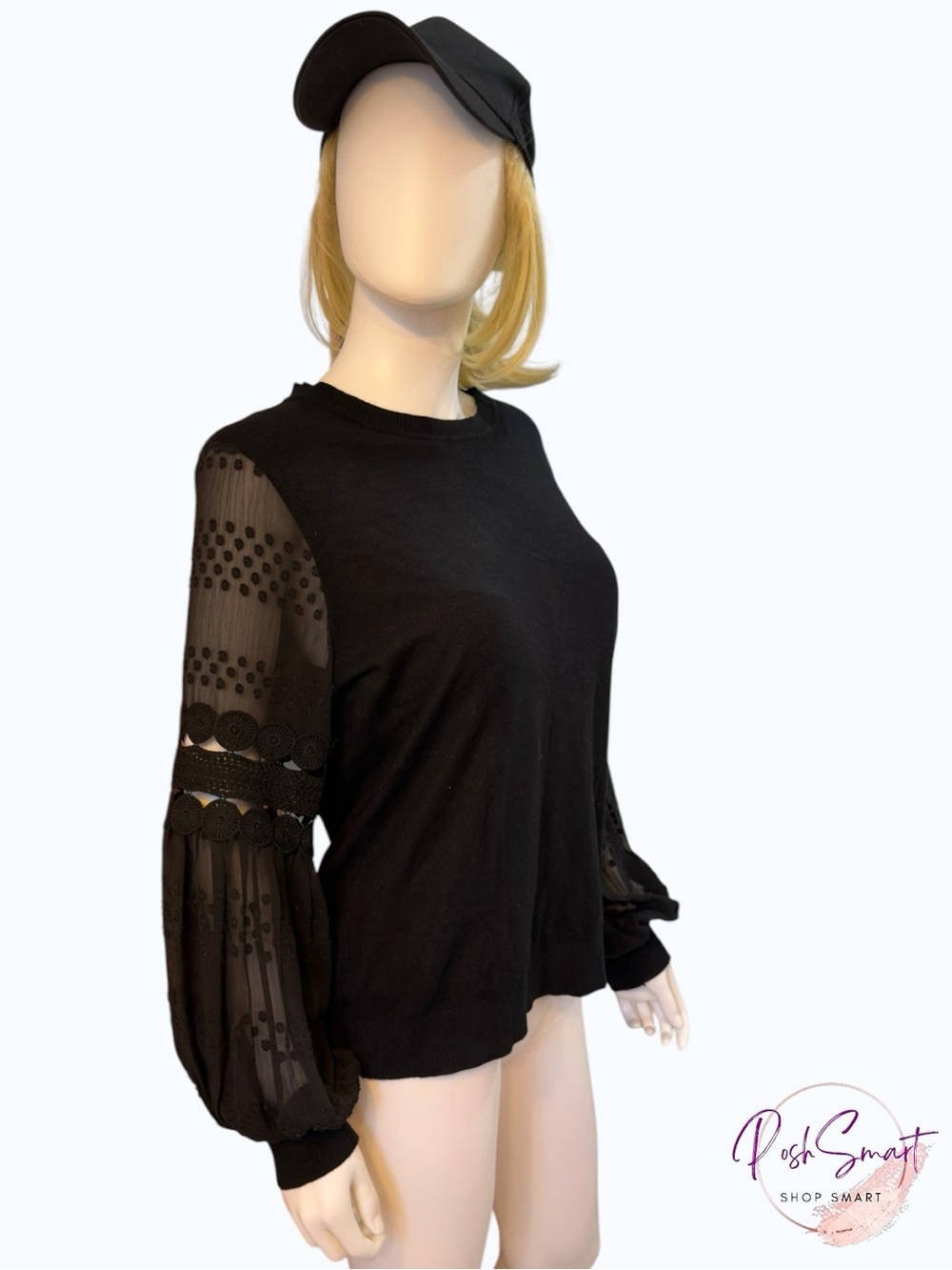 Siani Milano Black Sheer Lace Sleeve Sweatshirt Top | Size L